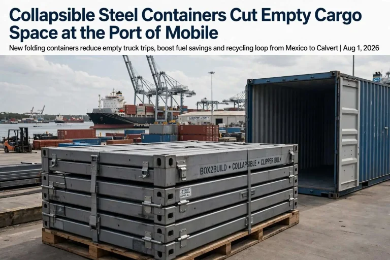 Illustration for the news story: Collapsible Steel Containers Cut Empty Cargo Space at the Port of Mobile