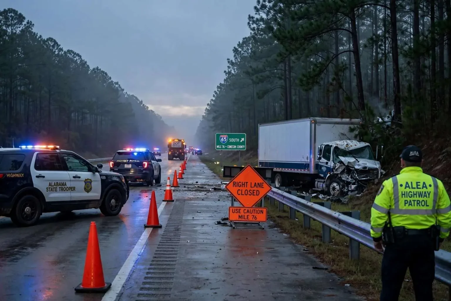 Illustration for the news story: Commercial Vehicle Crash Closes I-65 Southbound Lane in Conecuh County