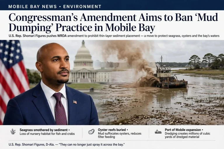 Illustration for the news story: Congressman’s Amendment Aims to Ban ‘Mud Dumping’ Practice in Mobile Bay