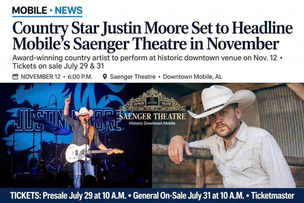 Illustration for the news story: Country Star Justin Moore Set to Headline Mobile’s Saenger Theatre in November