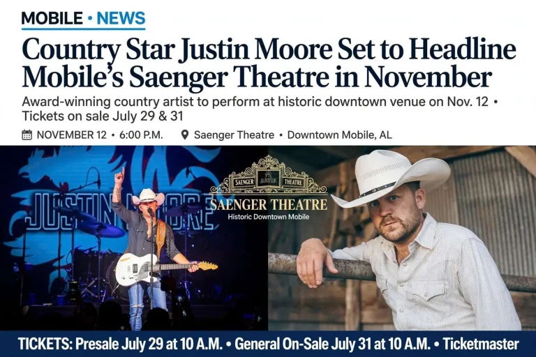 Illustration for the news story: Country Star Justin Moore Set to Headline Mobile’s Saenger Theatre in November
