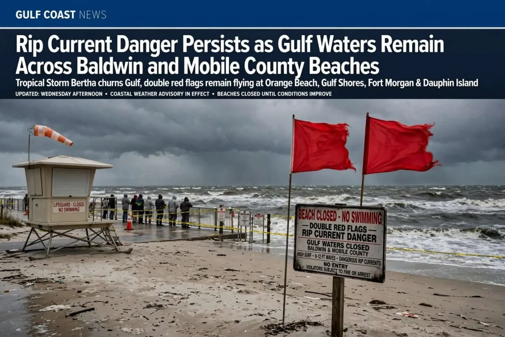 Illustration for the news story: Rip Current Danger Persists as Gulf Waters Remain Closed Across Baldwin and Mobile County Beaches