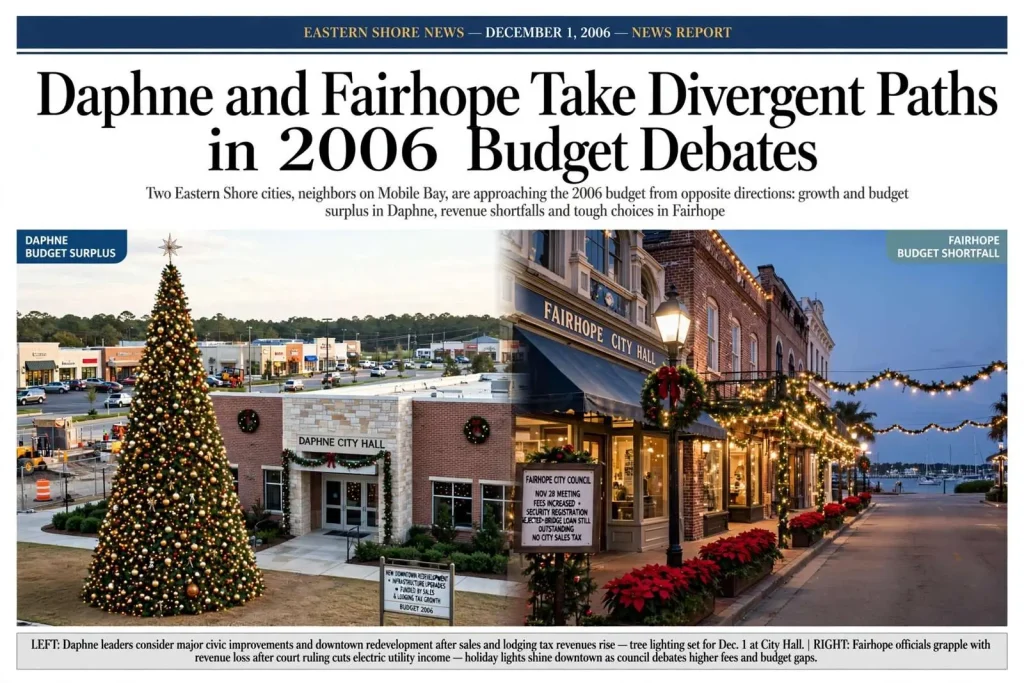 Illustration for the news story: Daphne and Fairhope Take Divergent Paths in 2006 Budget Debates