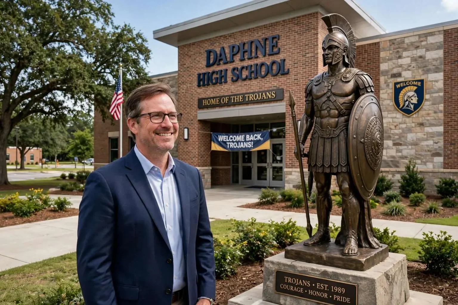 Illustration for the news story: Daphne High School Set to Welcome Students With New Principal, New Trojan Statue