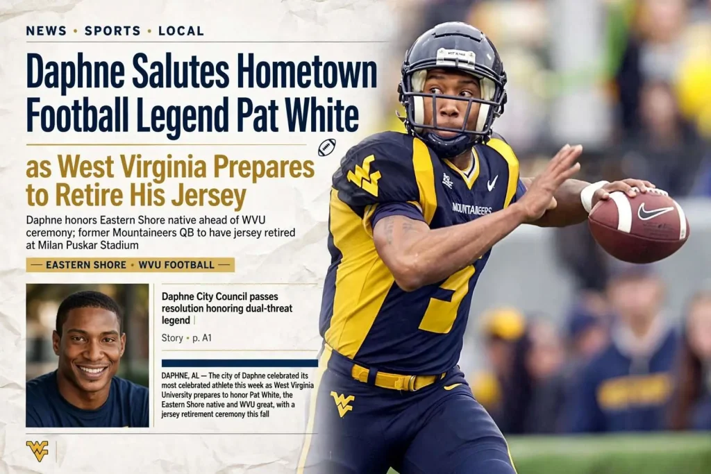 Illustration for the news story: Daphne Salutes Hometown Football Legend Pat White as West Virginia Prepares to Retire His Jersey