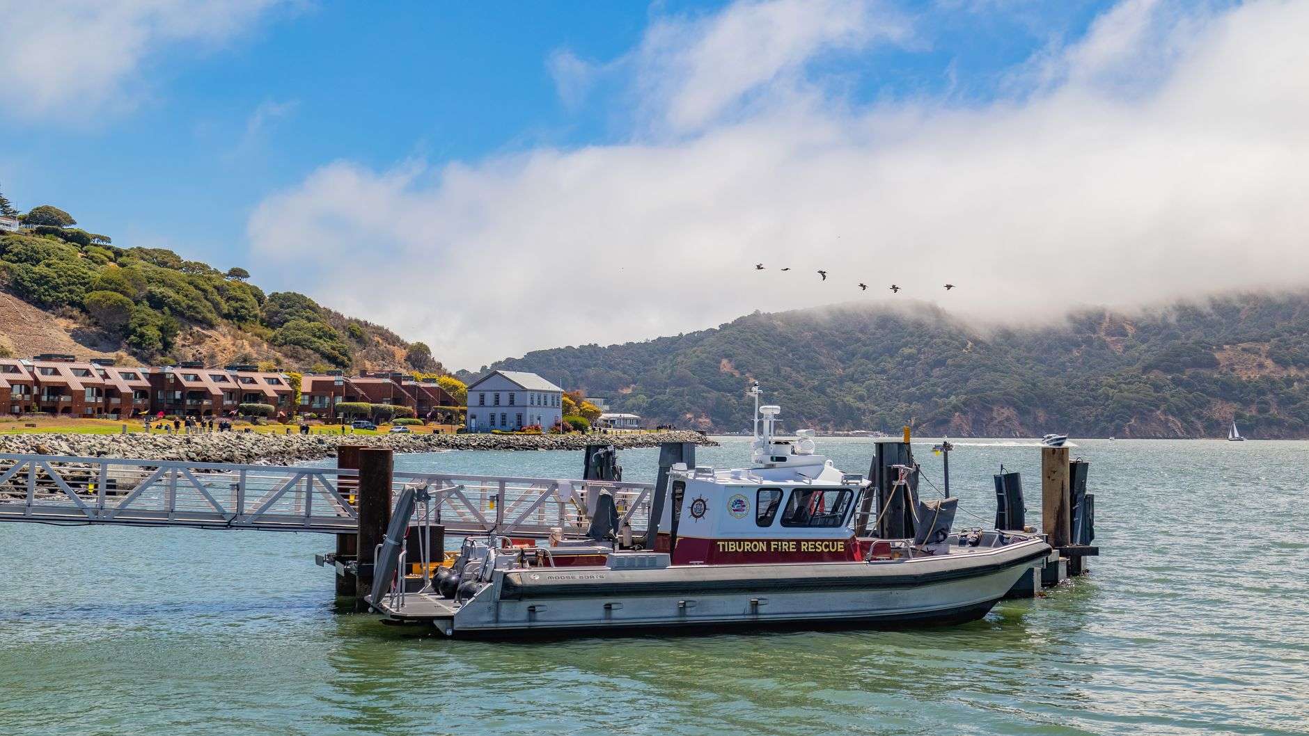 Rescue boat docked near a waterfront facility