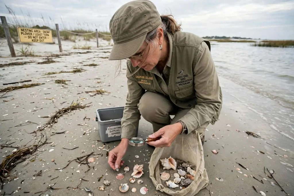 Illustration for the news story: The Woman Who Walks Dauphin Island’s Beaches Every Day, Looking Down