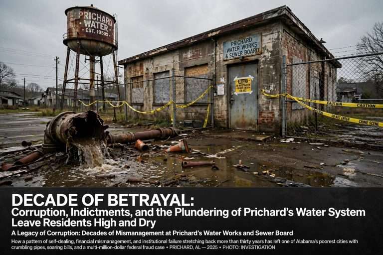 Illustration for the news story: Decades of Betrayal: Corruption, Indictments, and the Plundering of Prichard’s Water System Leave Residents High and Dry