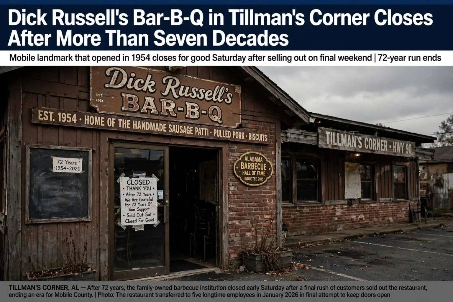 Illustration for the news story: Dick Russell’s Bar-B-Q in Tillman’s Corner Closes After More Than Seven Decades