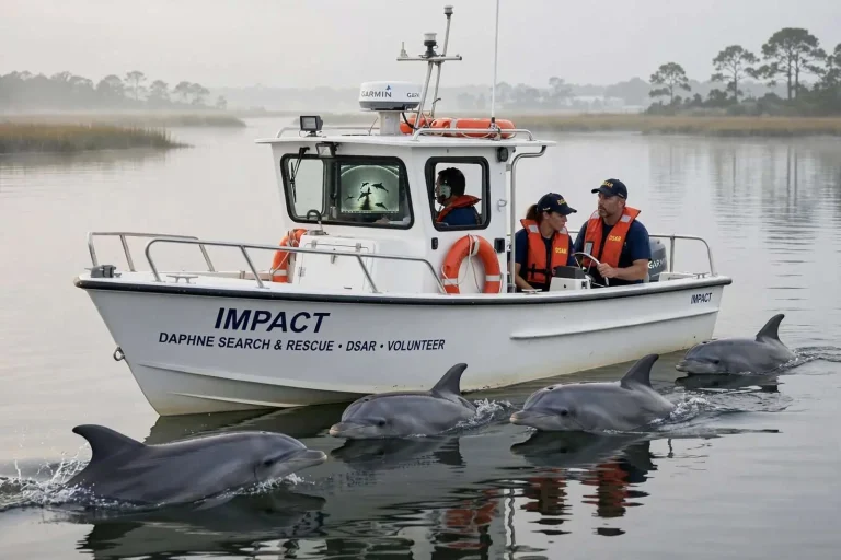 Illustration for the news story: Dolphins Seemed to Guide Daphne Rescue Crew to Missing Swimmer, Volunteers Say