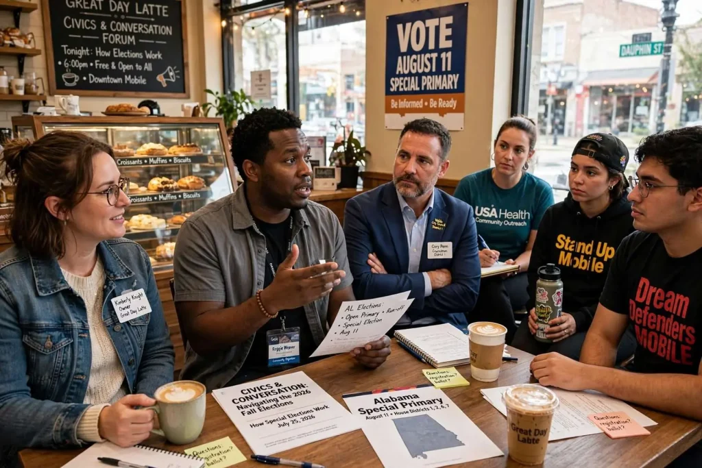 Illustration for the news story: Downtown Coffee Shop Hosts First ‘Civics & Conversation’ Forum Ahead of Mobile’s Special Election