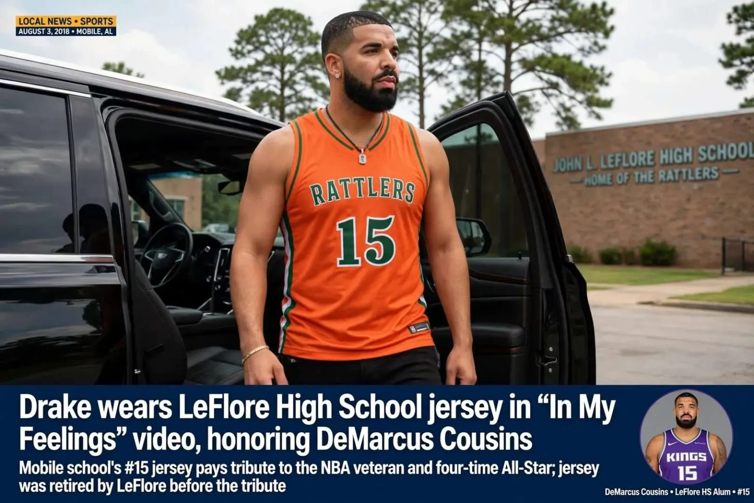 Illustration for the news story: Drake wears LeFlore High School jersey in “In My Feelings” video, honoring DeMarcus Cousins
