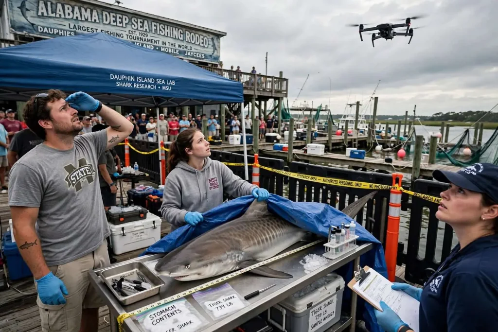 Illustration for the news story: Drone Flyovers and Online Critics Complicate Shark Research at Alabama Deep Sea Fishing Rodeo