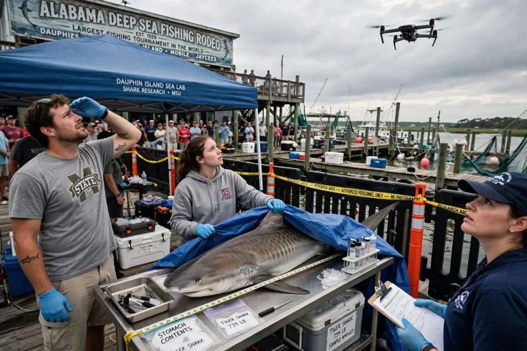 Illustration for the news story: Drone Flyovers and Online Critics Complicate Shark Research at Alabama Deep Sea Fishing Rodeo