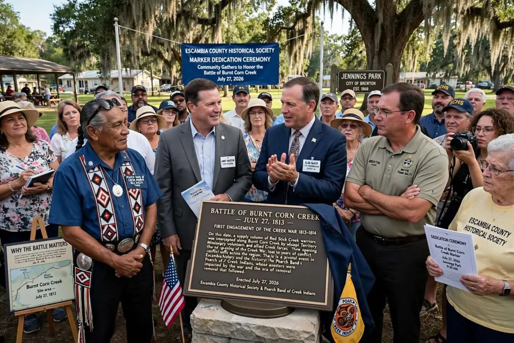 Illustration for the news story: Community Gathers to Unveil Battle of Burnt Corn Creek Marker in Brewton