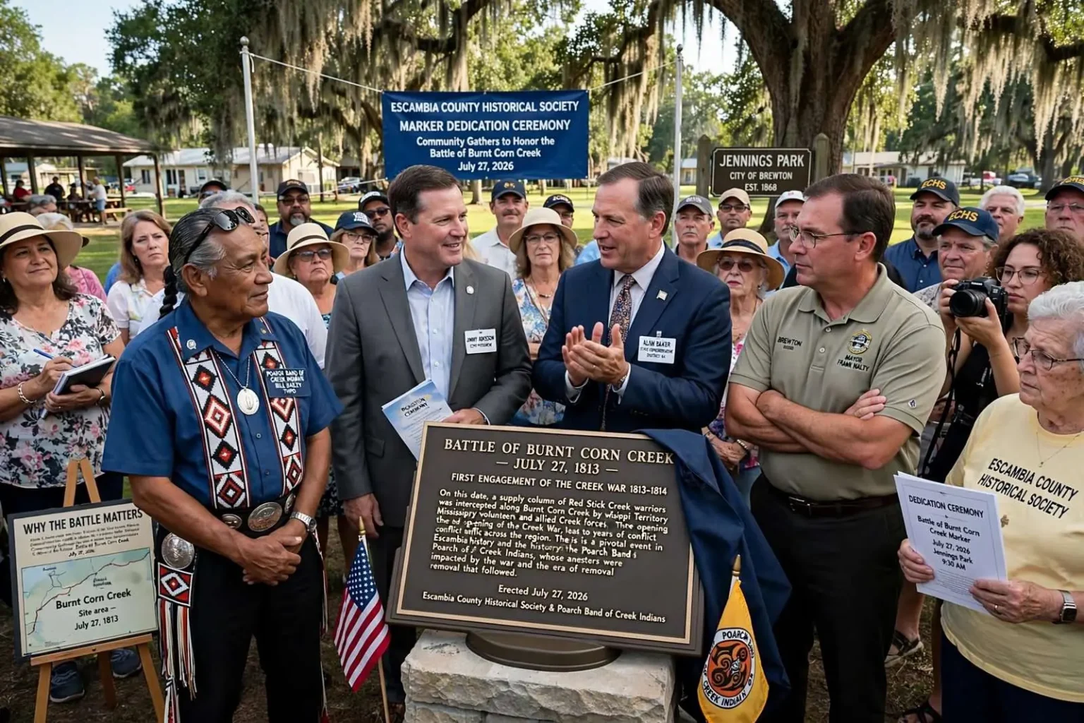 Illustration for the news story: Community Gathers to Unveil Battle of Burnt Corn Creek Marker in Brewton