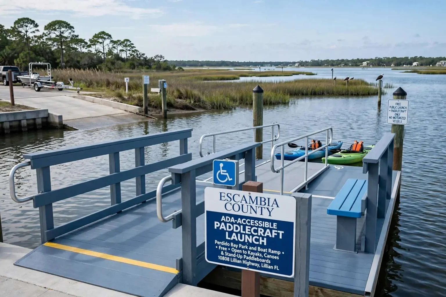 Illustration for the news story: Escambia County Opens New ADA-Accessible Kayak and Canoe Launch at Perdido Bay Park