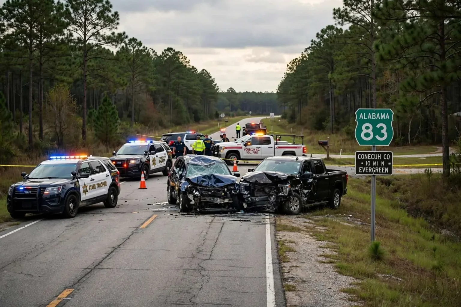 Illustration for the news story: Evergreen Man Killed in Two-Vehicle Crash on Highway 83 in Conecuh County