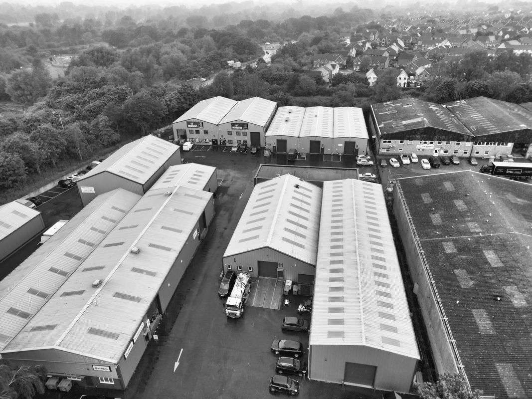 Aerial view of industrial warehouse buildings