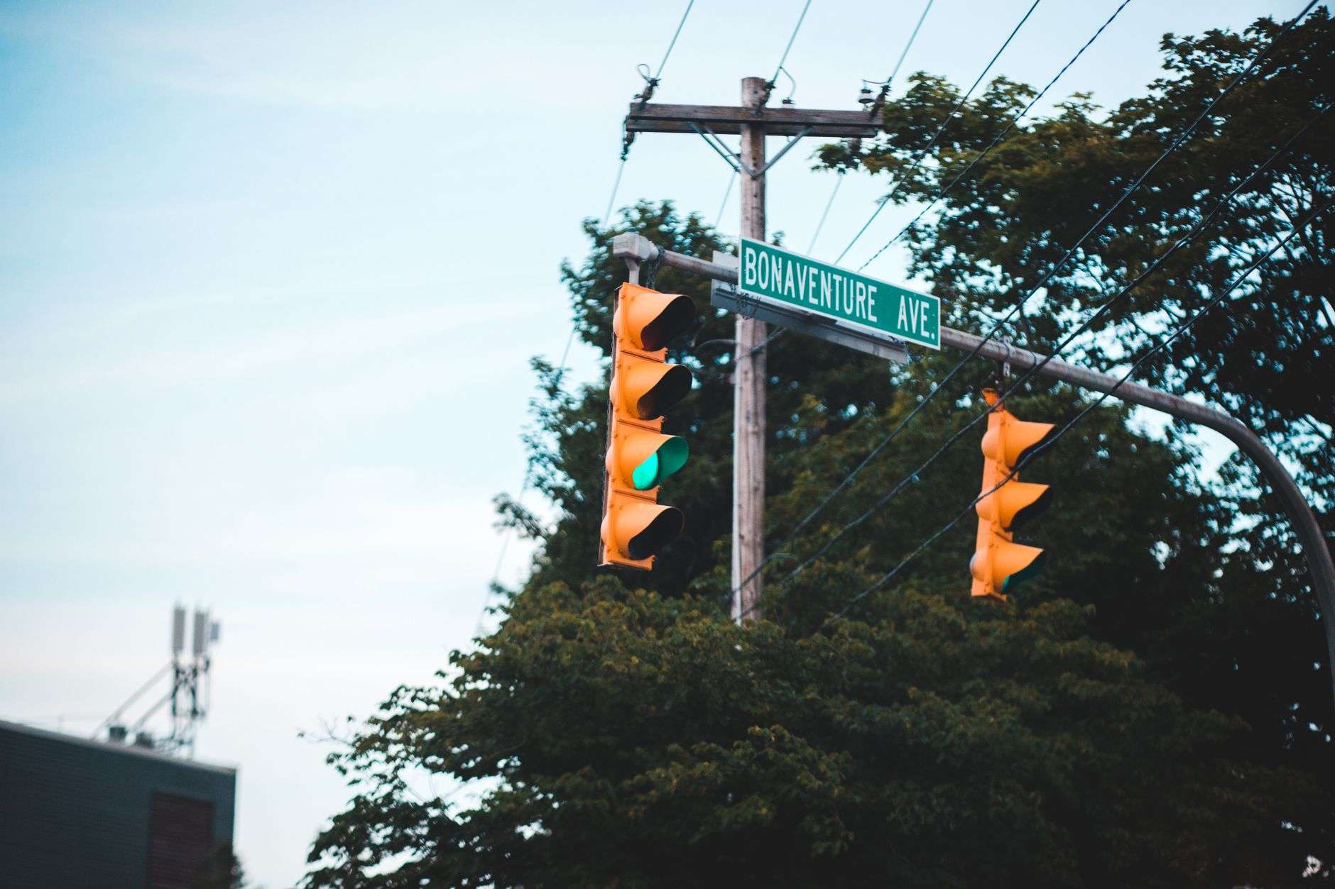 Traffic signal at a busy roadway intersection