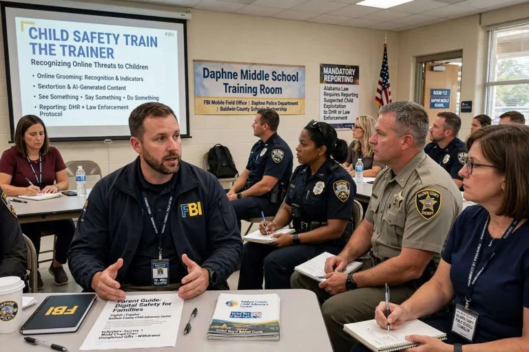 Illustration for the news story: FBI and Daphne Police Train Baldwin County School Officers to Spot Online Threats to Children