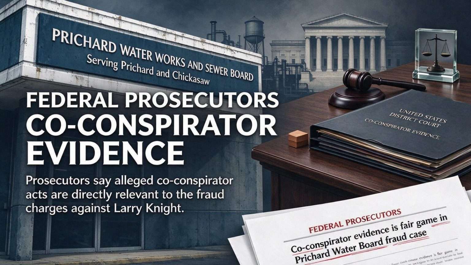 Illustration for the news story: Federal Prosecutors Say Co-Conspirator Evidence Is Fair Game in Prichard Water Board Fraud Case