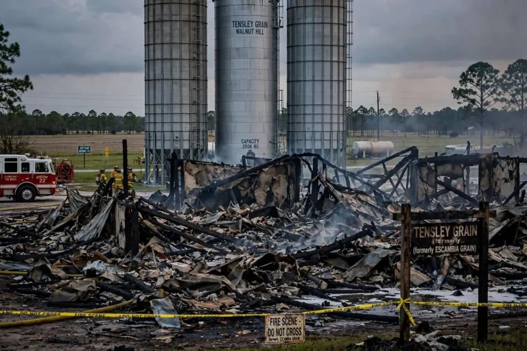 Illustration for the news story: Fire Levels Longtime Grain Business Office and Warehouse in Walnut Hill
