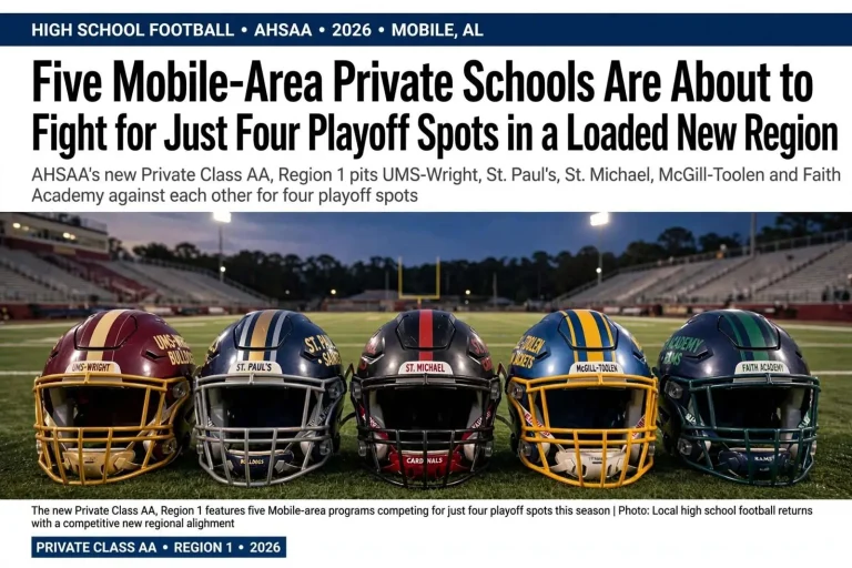 Illustration for the news story: Five Mobile-Area Private Schools Are About to Fight for Just Four Playoff Spots in a Loaded New Region