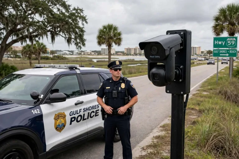 Illustration for the news story: Flock Camera Network Helps Gulf Shores Police Make Quick Arrests in Armed Robbery