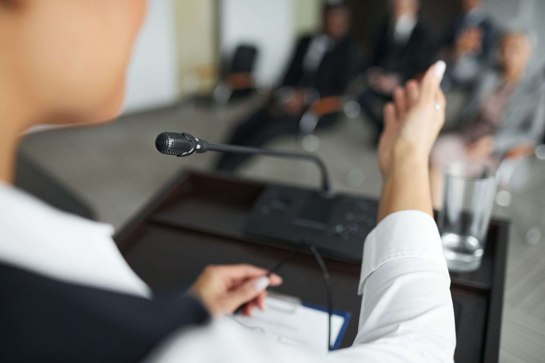 A speaker addresses a town council during a public comment period