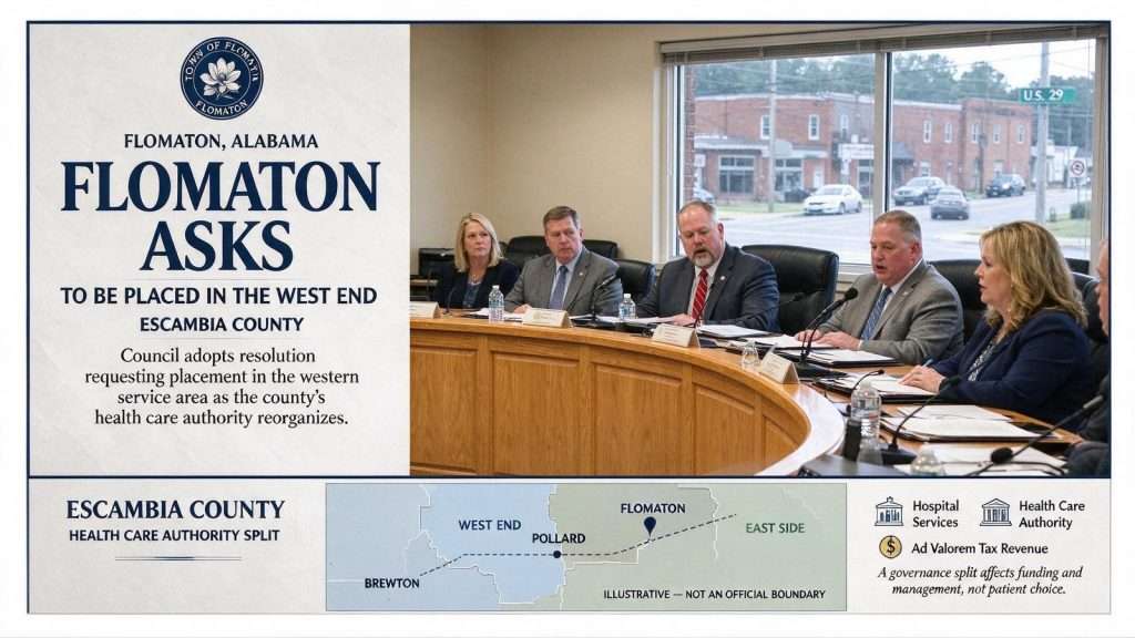 Illustration for the news story: Flomaton Asks to Be Placed in the West End as Escambia County Splits Its Health Care Authority