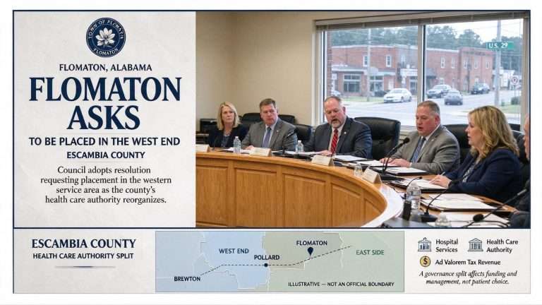 Illustration for the news story: Flomaton Asks to Be Placed in the West End as Escambia County Splits Its Health Care Authority