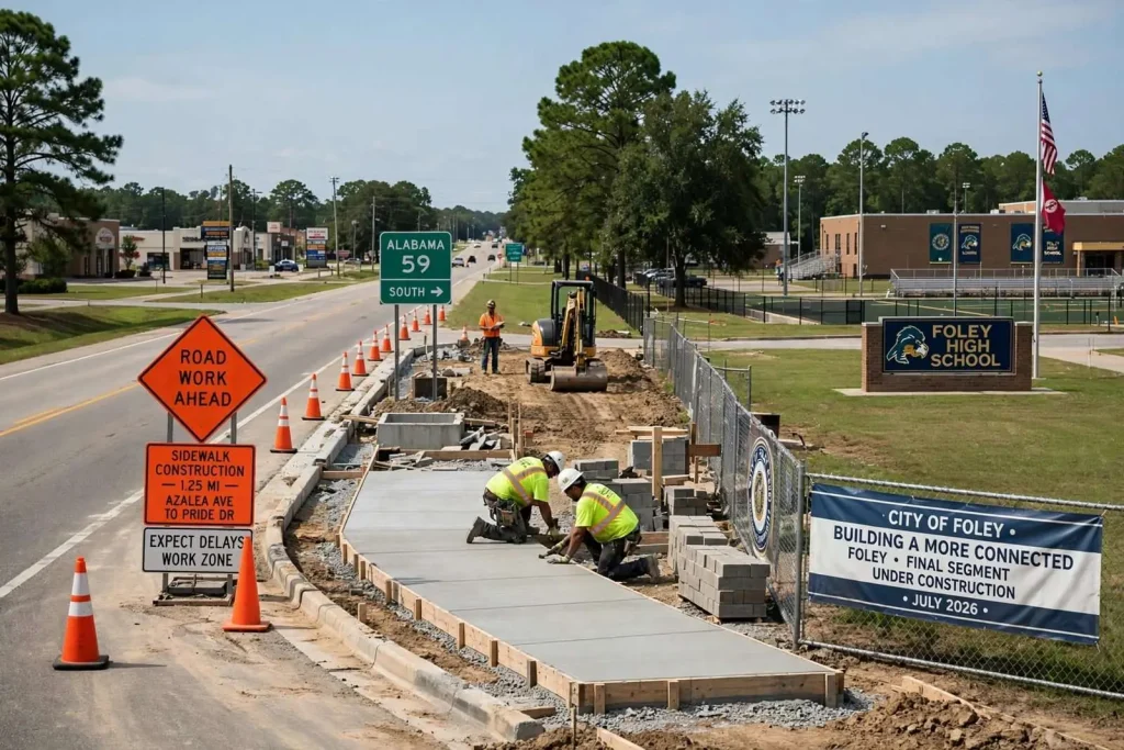Illustration for the news story: Foley Closes the Last Gap in a Four-Mile Sidewalk Network Along Alabama 59