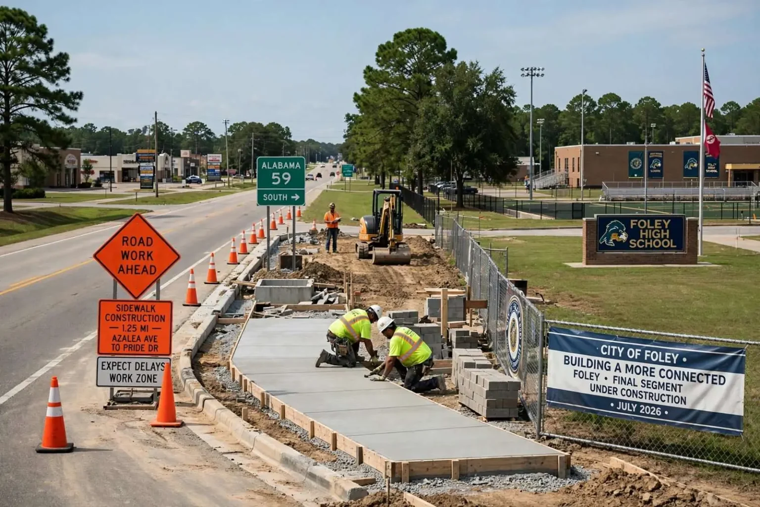 Illustration for the news story: Foley Closes the Last Gap in a Four-Mile Sidewalk Network Along Alabama 59