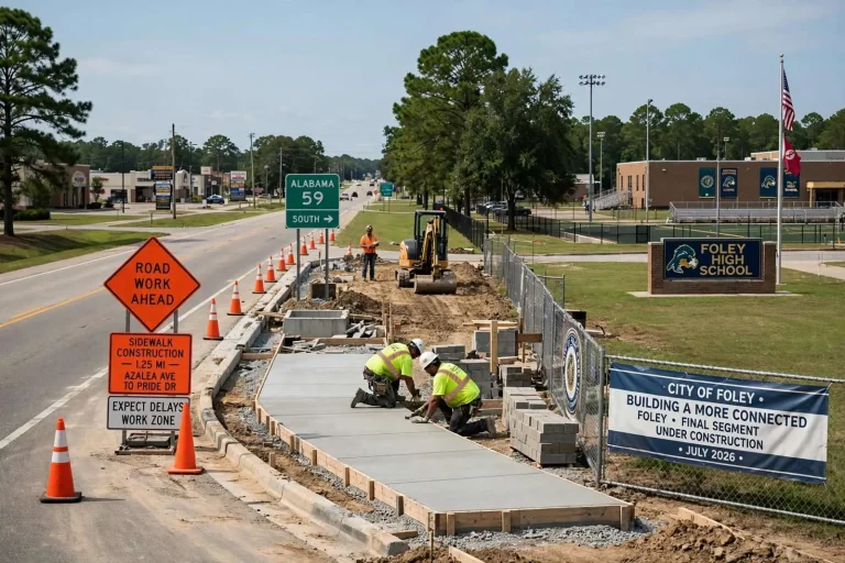 Illustration for the news story: Foley Closes the Last Gap in a Four-Mile Sidewalk Network Along Alabama 59