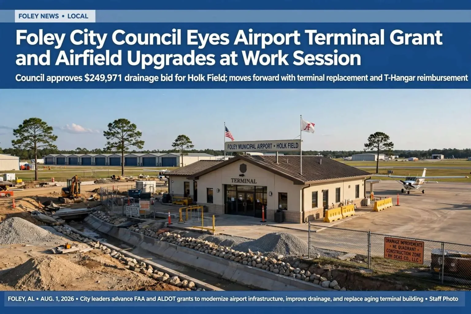Illustration for the news story: Foley City Council Eyes Airport Terminal Grant and Airfield Upgrades at Work Session