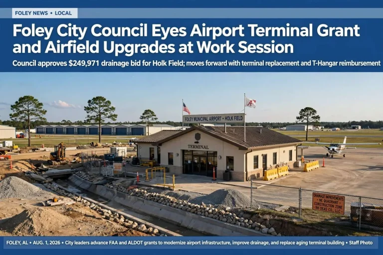 Illustration for the news story: Foley City Council Eyes Airport Terminal Grant and Airfield Upgrades at Work Session