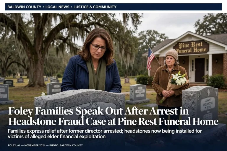 Illustration for the news story: Foley Families Speak Out After Arrest in Headstone Fraud Case at Pine Rest Funeral Home