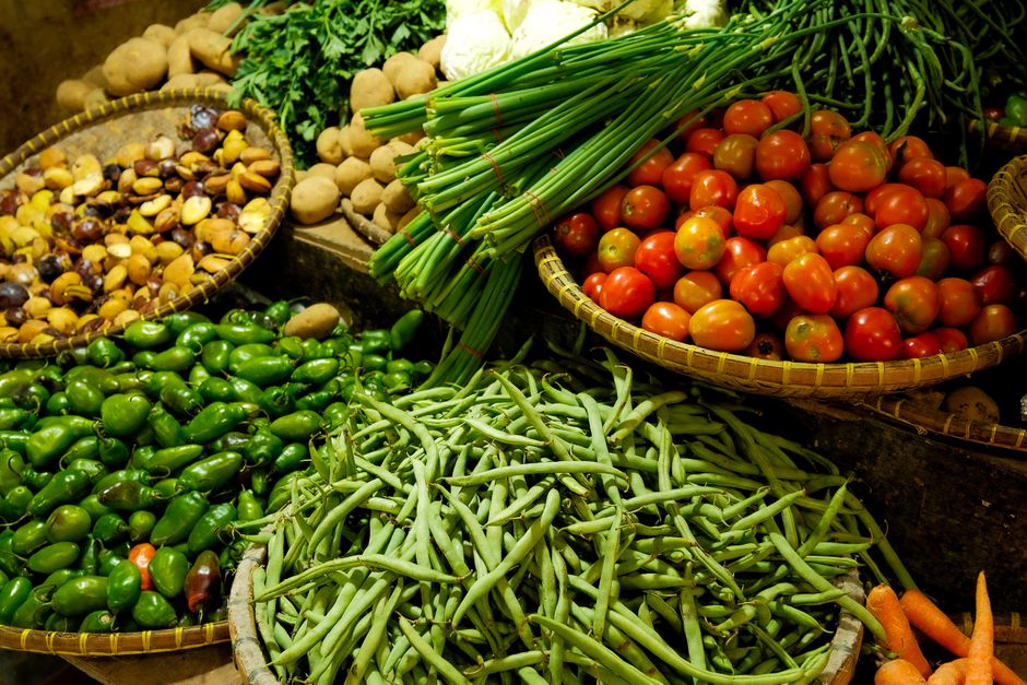Baskets of fresh vegetables at a South Alabama farmers market