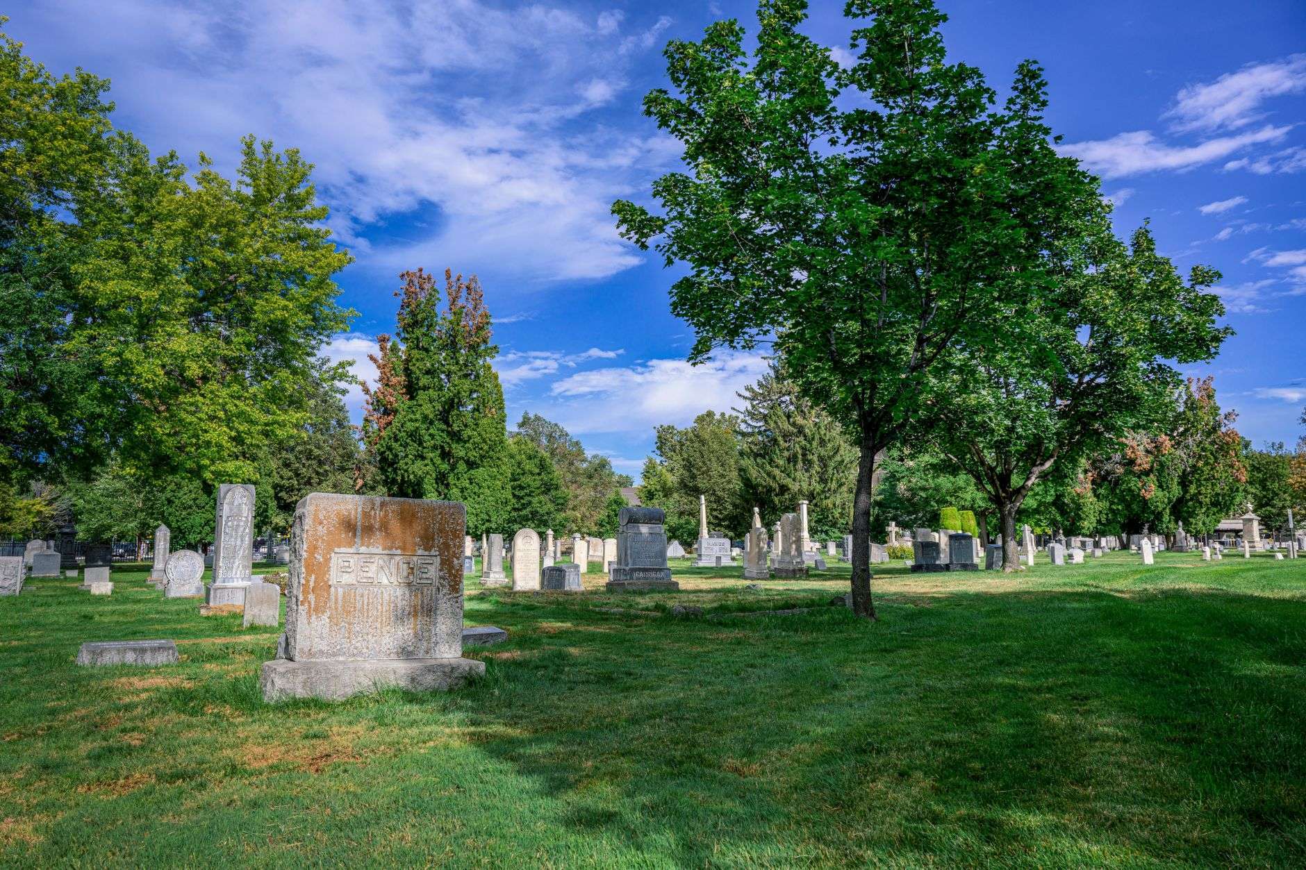 Rows of cemetery headstones on green grass under a blue sky
