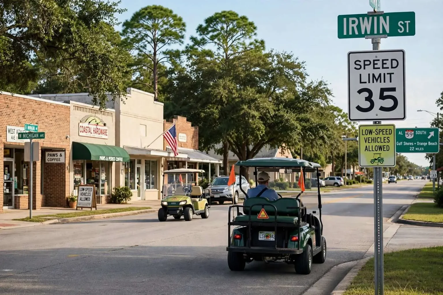 Illustration for the news story: Foley Lowers Irwin Street Speed Limit to Allow Golf Carts and Other Low-Speed Vehicles