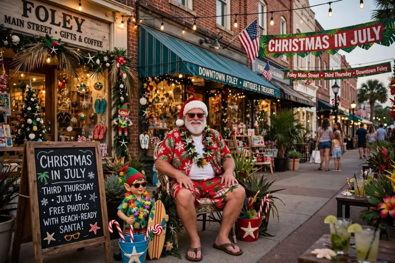 Illustration for the news story: Downtown Foley Is Doing Christmas in July — Complete With a Beach-Ready Santa