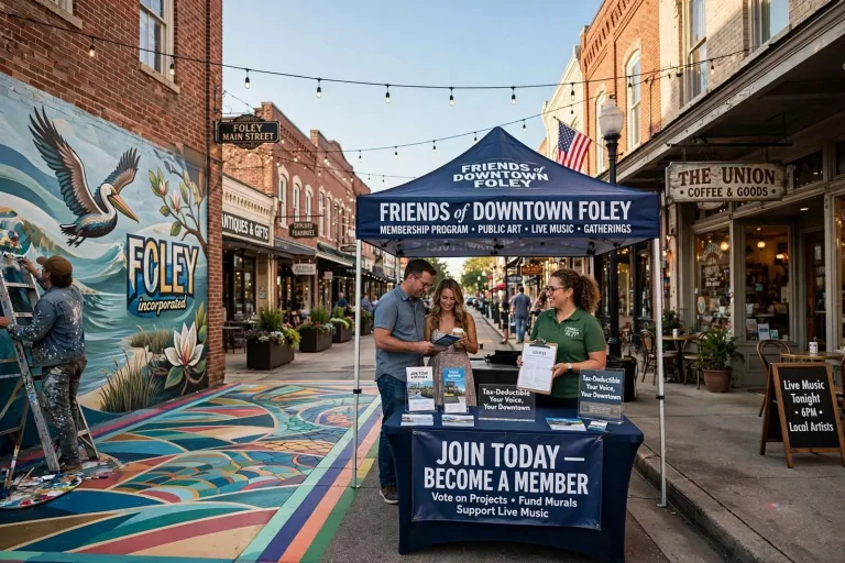 Illustration for the news story: Foley Main Street Launches Membership Program to Fund Murals, Public Art and Live Music Downtown