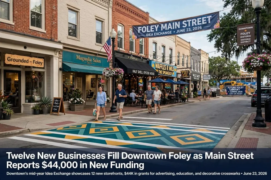 Illustration for the news story: Twelve New Businesses Fill Downtown Foley as Main Street Reports $44,000 in New Funding