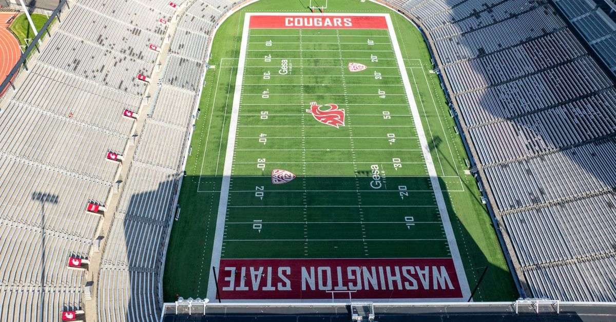 Aerial view of a football stadium during a game day event