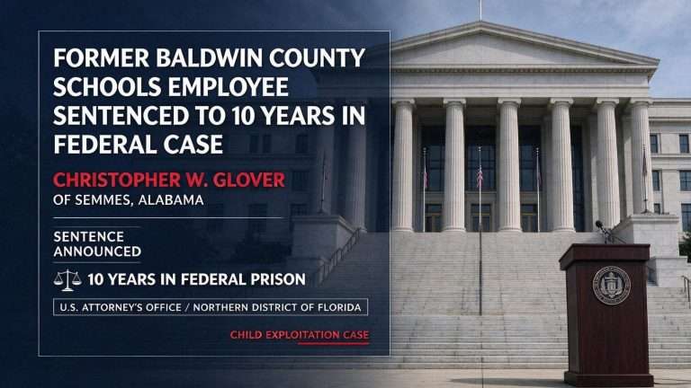 Illustration for the news story: Former Baldwin County Schools Employee Sentenced to 10 Years in Federal Case