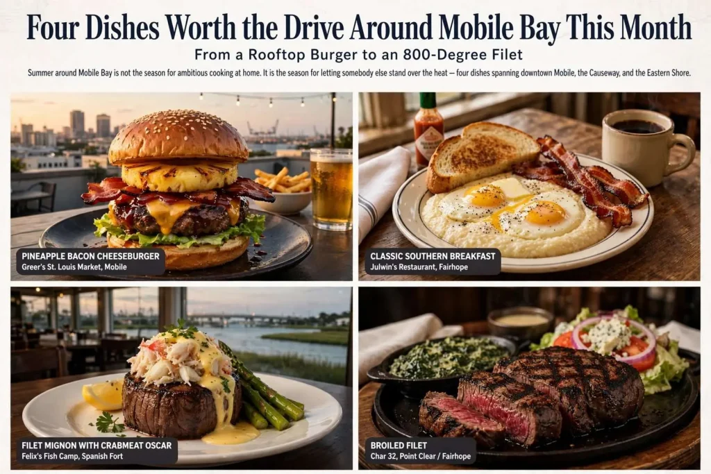 Illustration for the news story: Four Dishes Worth the Drive Around Mobile Bay This Month, From a Rooftop Burger to an 800-Degree Filet