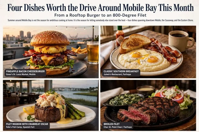Illustration for the news story: Four Dishes Worth the Drive Around Mobile Bay This Month, From a Rooftop Burger to an 800-Degree Filet