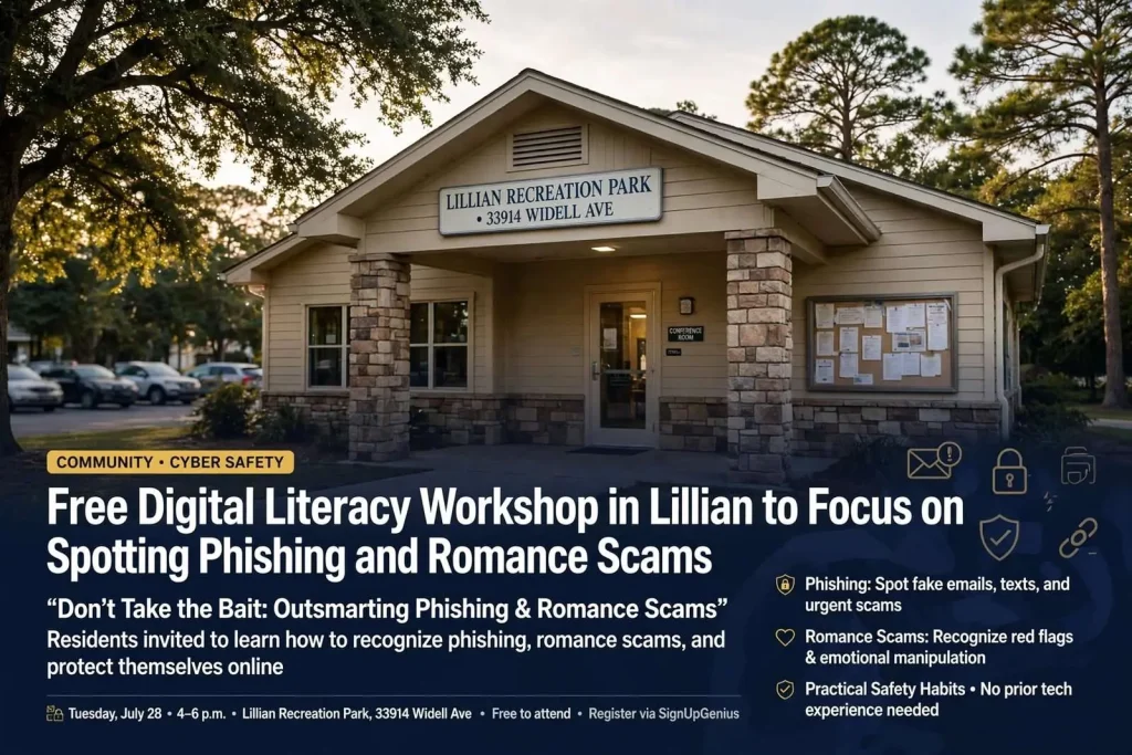Illustration for the news story: Free Digital Literacy Workshop in Lillian to Focus on Spotting Phishing and Romance Scams