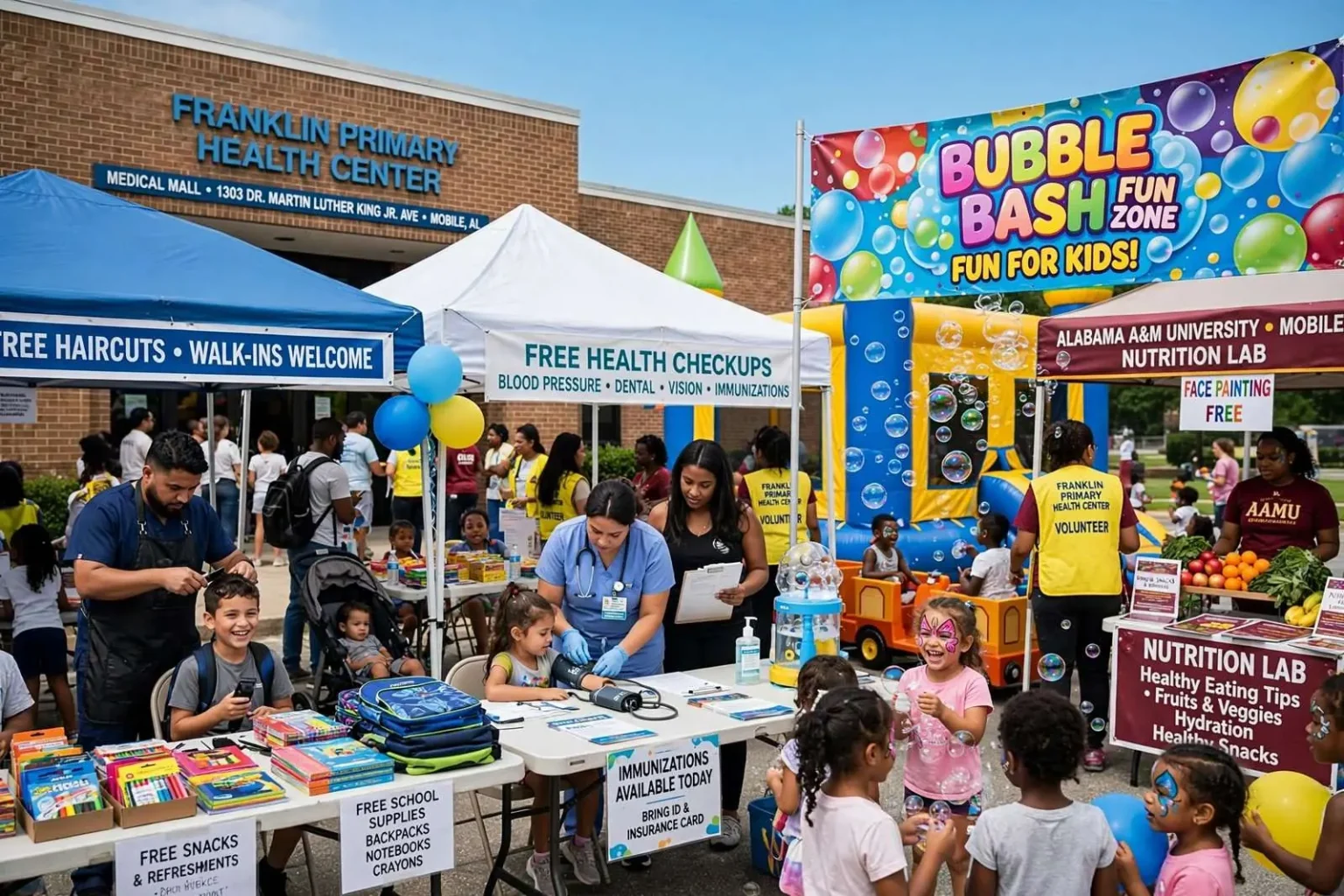 Illustration for the news story: Free Haircuts, Free Checkups and a Bubble Bash Zone: Franklin Primary’s Back-to-School Bash Is Trying to Cover It All in One Morning